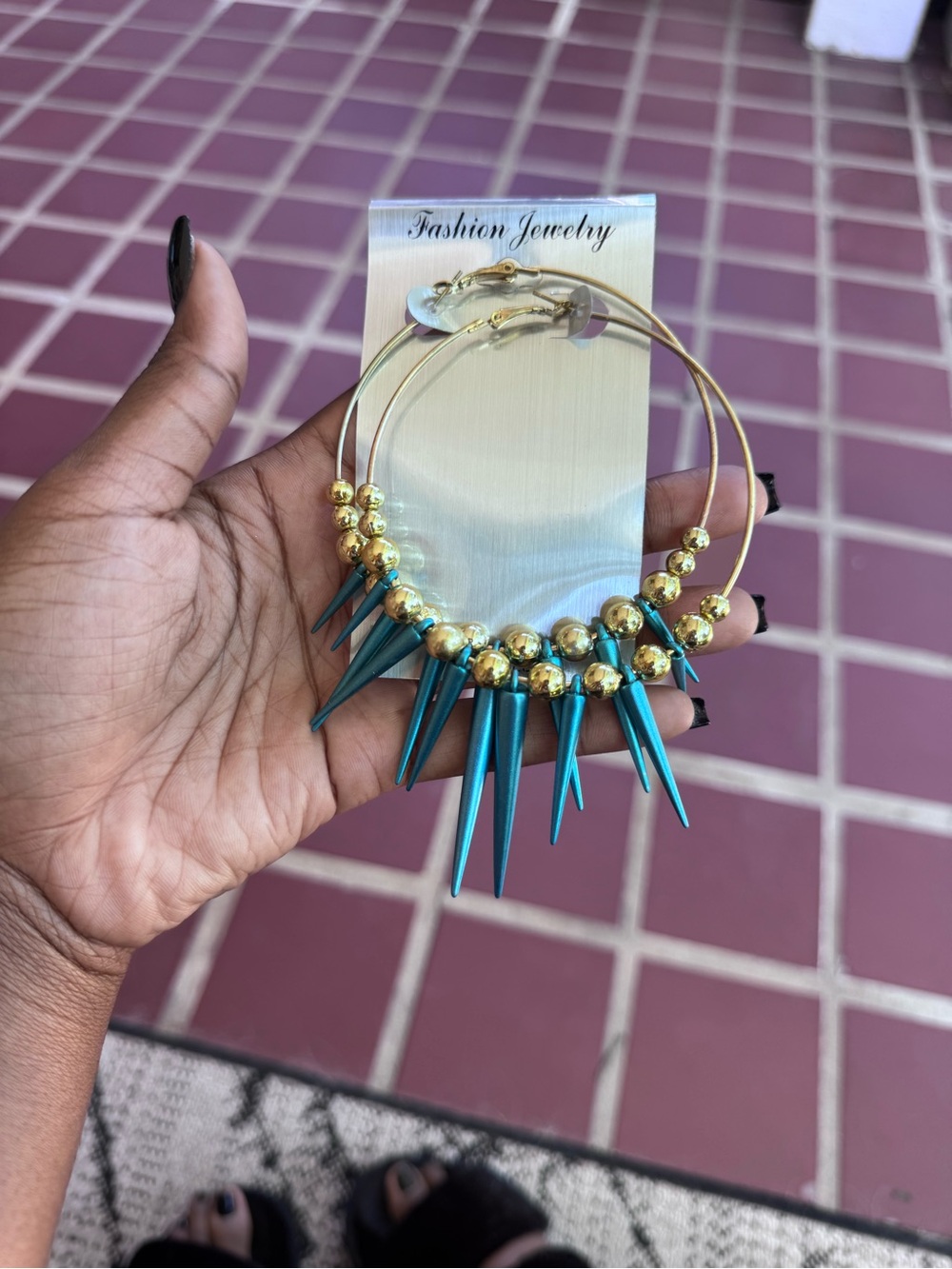Fashion Jewelry Gold Hoops with Teal Spike Beads